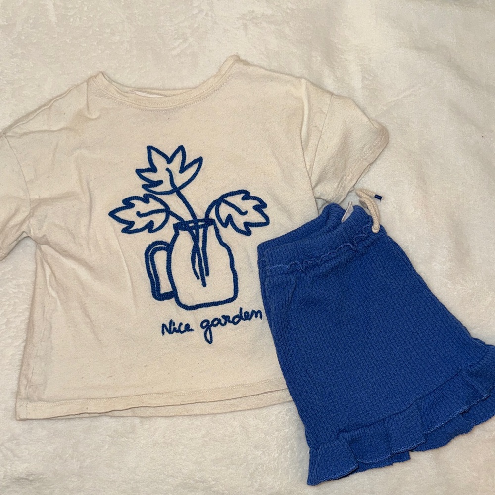 Zara Cream Tee with Blue Knit Ruffle Short Set